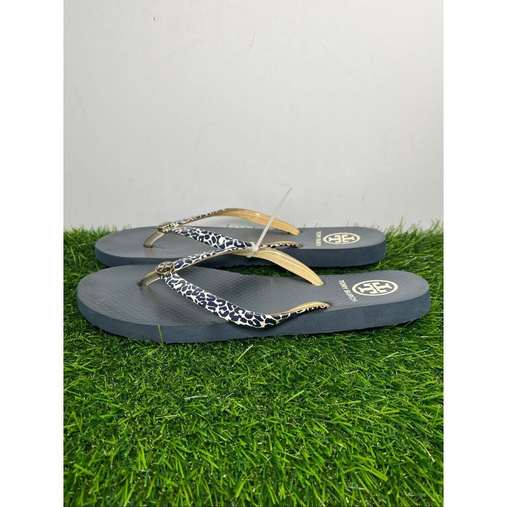 Tory Burch Flip Flops Sandals Size 9 Leopard Print Gold Logo Sandals